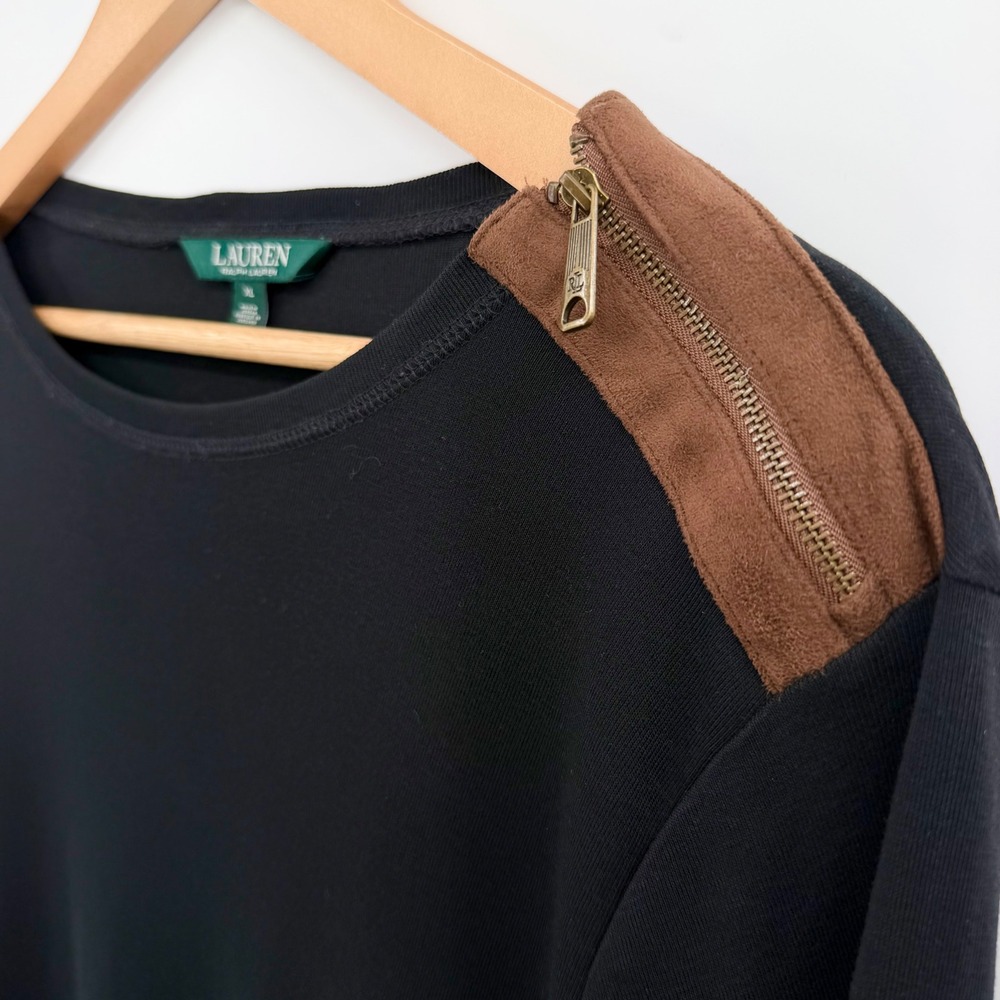 Lauren Ralph Lauren Black Long Sleeve Top Faux Suede Elbow Patch Zipper XL - Picture 4 of 8